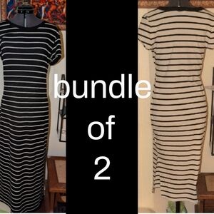 Striped Short-Sleeve Midi Dress - Black/White - Bundle of 2
